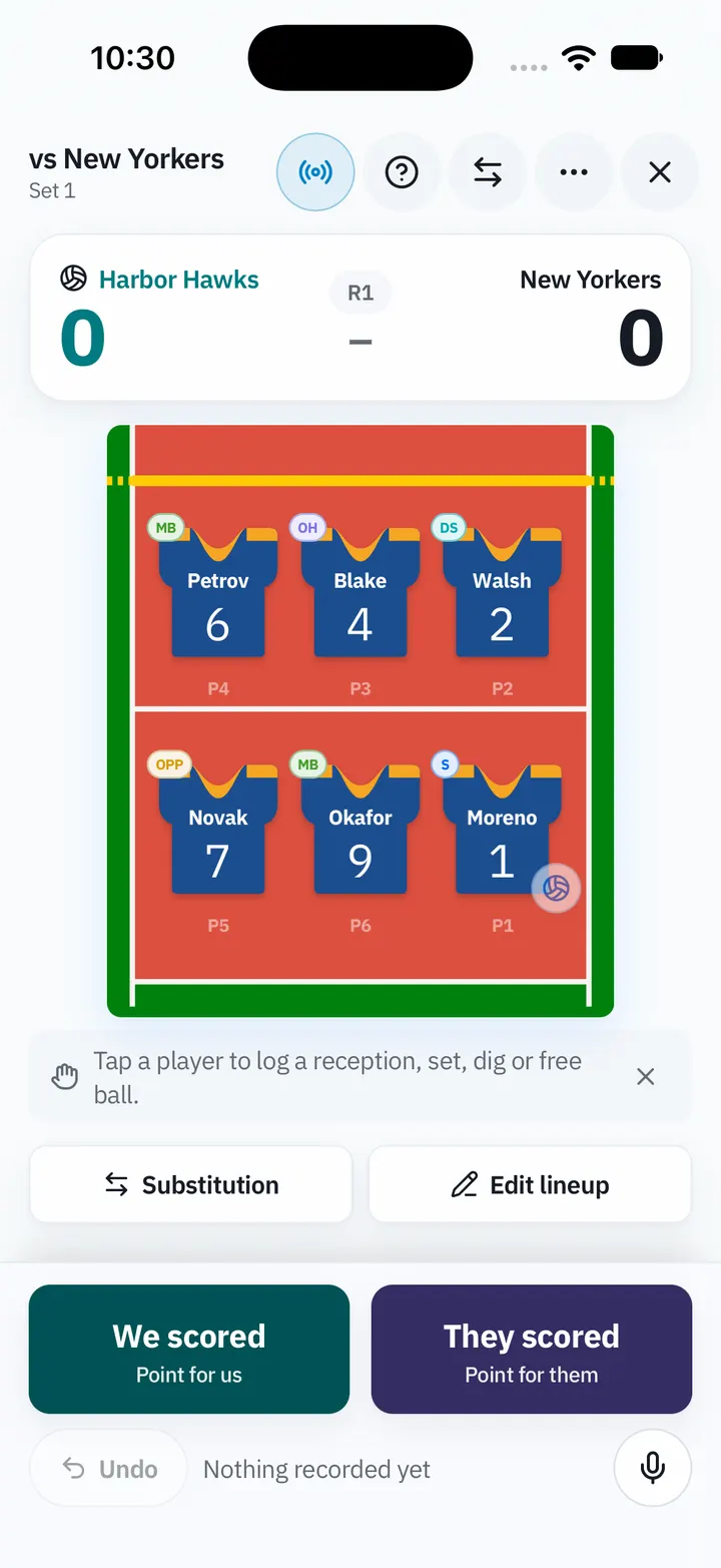 Live match recording in the VolleyInsights app: the court with the lineup, We scored and They scored buttons